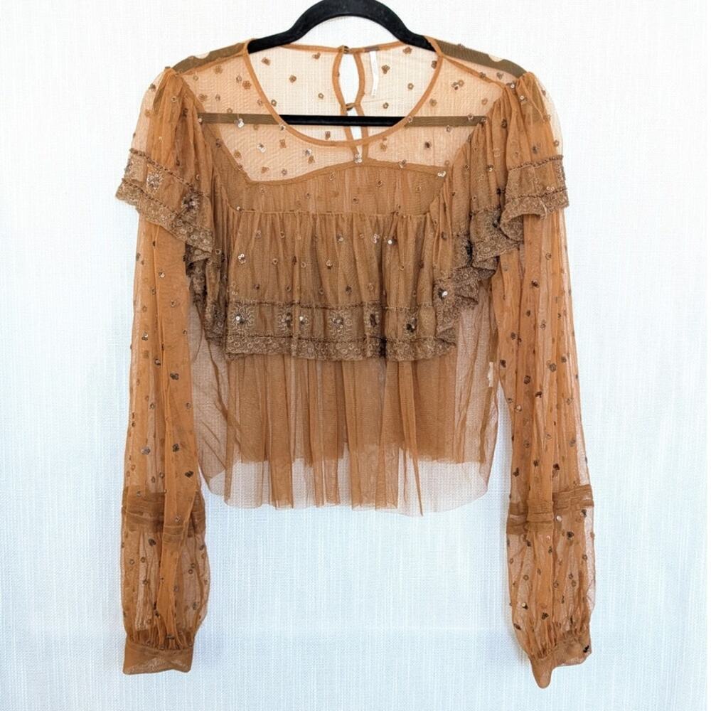 Free People Disco Ball Embellished Sequin Boho Ruffle Lace Sheer Top M - Picture 2 of 8